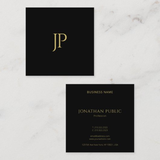 カスタムテンプレートブラック金ゴールドモノグラムイニシャル スクエア名刺 (正面/裏面)