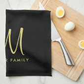 カスタムテンプレートブラック金ゴールドモノグラムファミリー名 キッチンタオル (四つ折り)
