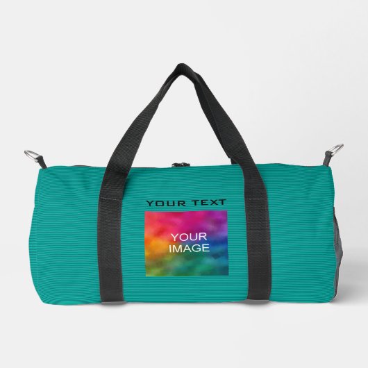 カスタムテンプレート追加フォトイメージ文字ティール（緑がかった色） ストライプの ダッフルバッグ (正面)