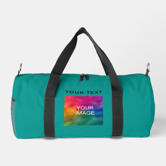 カスタムテンプレート追加フォトイメージ文字ティール（緑がかった色） ストライプの ダッフルバッグ (裏面)