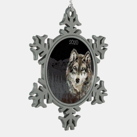 カスタムデイトウォーターカラーウルフ&マウンテンアート スノーフレークピューターオーナメント (左)