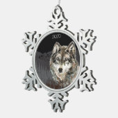 カスタムデイトウォーターカラーウルフ&マウンテンアート スノーフレークピューターオーナメント (右)