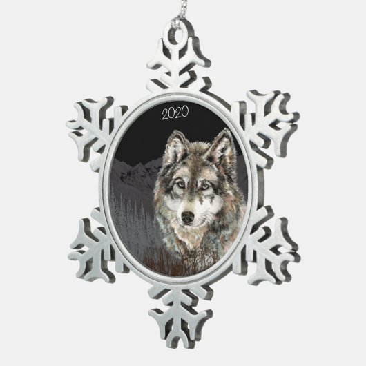 カスタムデイトウォーターカラーウルフ&マウンテンアート スノーフレークピューターオーナメント (右)