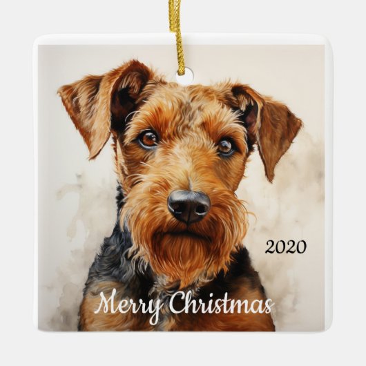 カスタムデイトクリスマスウォーターカラーアイレデールテリア セラミックオーナメント (正面)