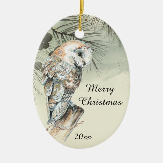 カスタムデイトクリスマスウォーターカラーバーンドウル セラミックオーナメント (正面)