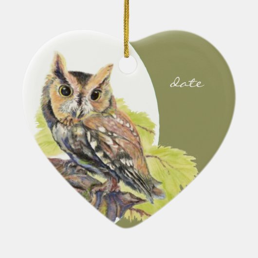 カスタムデイトスクリーチフクロウ水彩鳥 セラミックオーナメント (裏面)