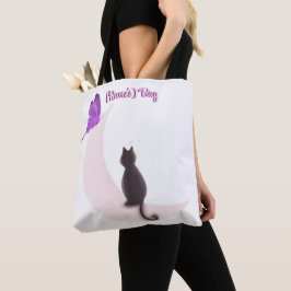 カスタムデザインのキュートな可愛い猫が月と蝶と一緒にいるデザイン トートバッグ