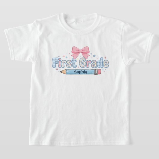 カスタムデザインの小学校一年生女子のバックスカートボウ Tシャツ (レイダウン)