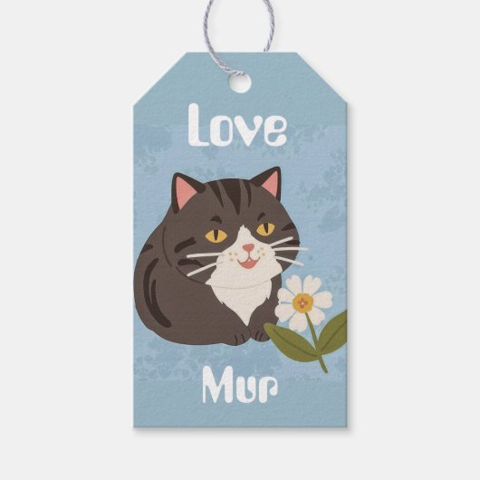 カスタムデザインの愛らしいグレー猫とMurとLove ギフトタグ (正面)