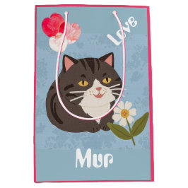 カスタムデザインの愛らしいグレー猫とMurとLove ミディアムペーパーバッグ