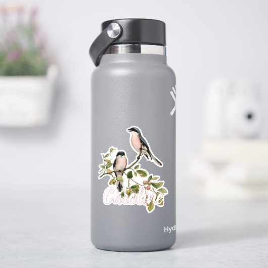 カスタムデザインの鳥のイラスト 赤い実のなる木 シール (HydroFlask)
