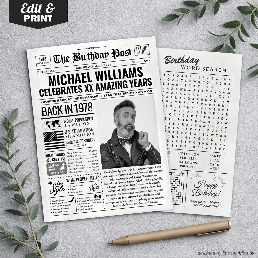 カスタムデザインの1978年当時の新聞の誕生日カード、トレンド シーズンカード