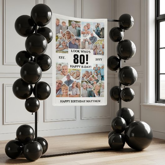 カスタムデザインの「ハッピーバースデー80歳」フォトコラージュ 横断幕