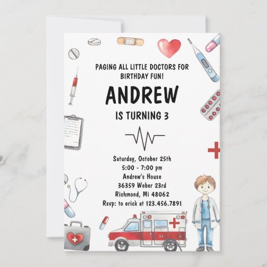 カスタムデジタルキッズドクターバースデーパーティー 招待状 (正面)