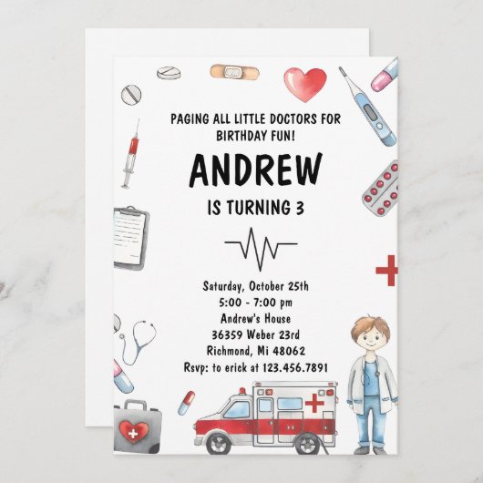 カスタムデジタルキッズドクターバースデーパーティー 招待状 (正面/裏面)