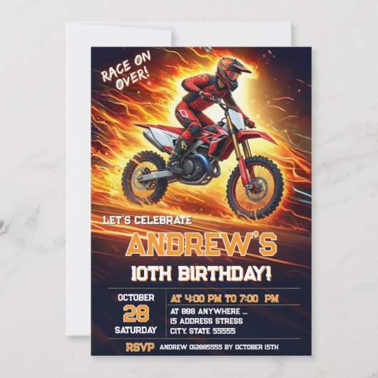 カスタムデジタルモトクロスダートバイク誕生日パーティー 招待状 (正面)