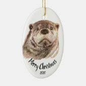 カスタムデートクリスマス水彩カワウソ セラミックオーナメント (右)