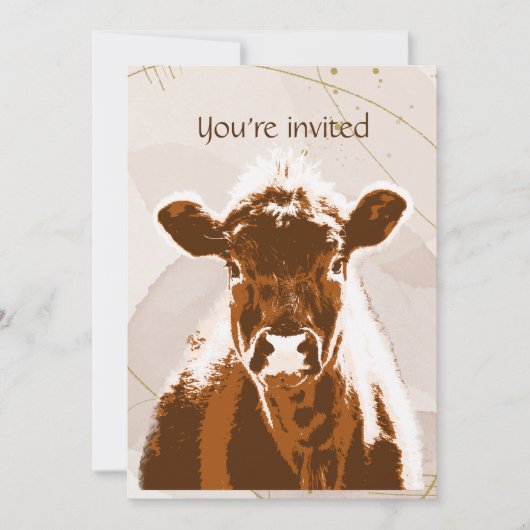 カスタムデート誕生日パーティーブラウンカウファーム動物 招待状 (正面)