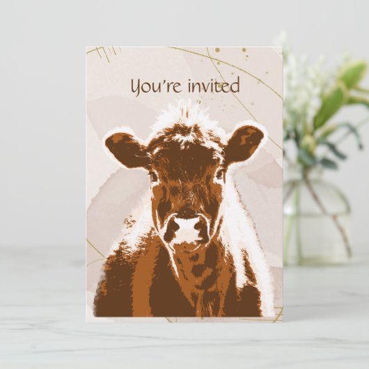 カスタムデート誕生日パーティーブラウンカウファーム動物 招待状 (スタンド正面)
