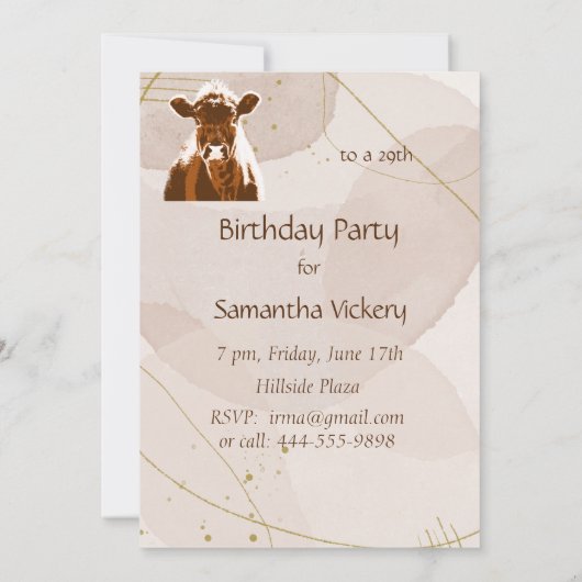 カスタムデート誕生日パーティーブラウンカウファーム動物 招待状 (裏面)