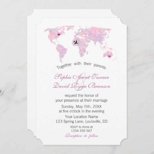 カスタムトラベ結婚ルの水彩世界地図 招待状 (正面/裏面)