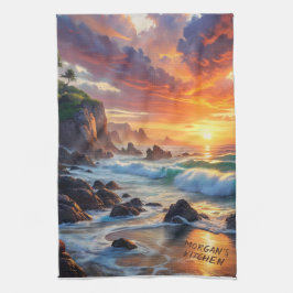 カスタムトロピカルサンセットクリフ鮮やかス キッチンタオル