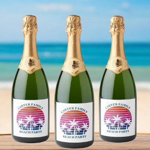 カスタムトロピカルサンセットピンクパームツリービーチパーティー スパークリングワインラベル