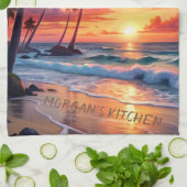 カスタムトロピカルビーチサンセット | 沿岸芸術 キッチンタオル (折り畳み)