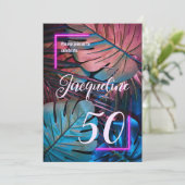 カスタムトロピカル葉ネオンピンク50歳の誕生日 招待状 (スタンド正面)