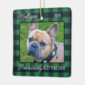 カスタムドッグクリスマスグリーンプレイド2ペット写真 セラミックオーナメント (左)