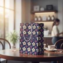 カスタムネイビーブルーとクリームフラワーズ抱き枕