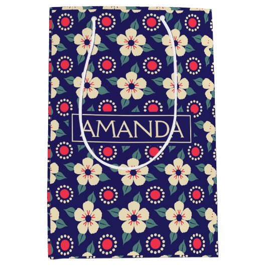 カスタムネイビーブルーとクリームフラワーズ抱き枕 ミディアムペーパーバッグ (正面)