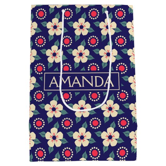 カスタムネイビーブルーとクリームフラワーズ抱き枕 ミディアムペーパーバッグ (裏面)