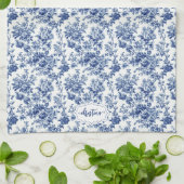 カスタムネイビーブルーとホワイトトイレヴィンテージフローラ キッチンタオル (折り畳み)