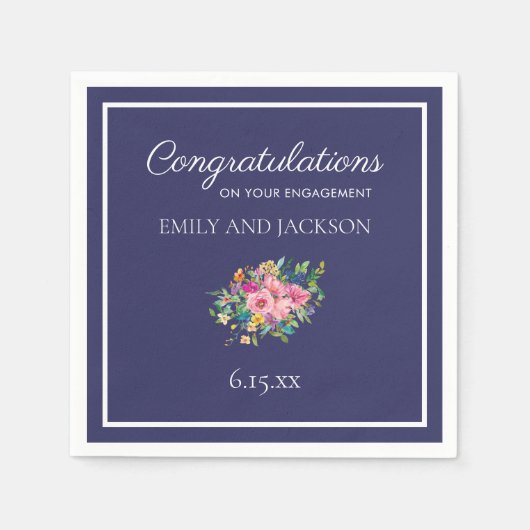 カスタムネイビーブルーピンク水彩フローラ婚約 スタンダードカクテルナプキン (正面)