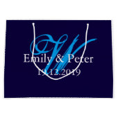 カスタムネイビーブルーラージ結婚ズモノグラム ラージペーパーバッグ (正面)