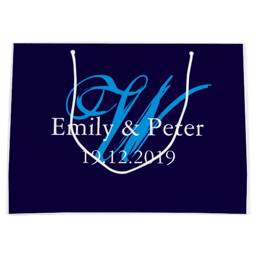 カスタムネイビーブルーラージ結婚ズモノグラム ラージペーパーバッグ (正面)