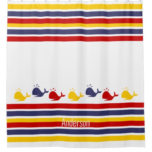 カスタムネイビーブルーレッドイエローホエーストライプル航海の シャワーカーテン (正面)