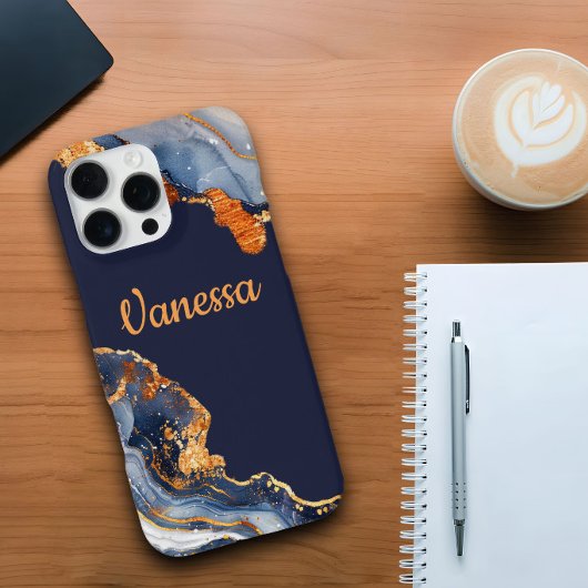 カスタムネイビーブルー+ゴールド大理石プリント+パーソナル iPhoneケース