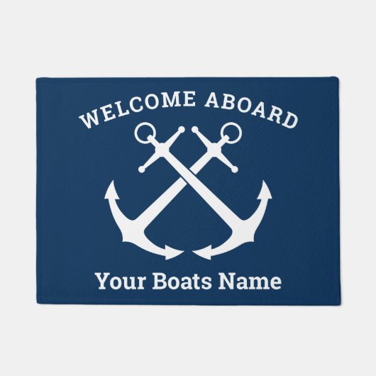 カスタムネイビーブルー&ホワイト交差いかりボート ドアマット (正面)