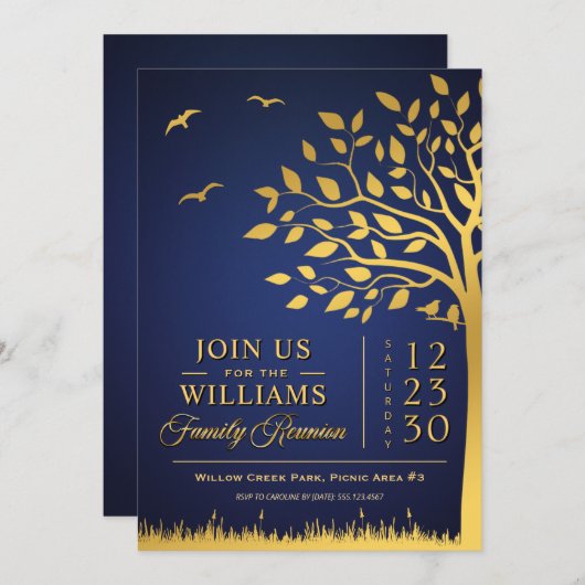 カスタムネイビーブルー&金ゴールドファミリー懇親会招待状 招待状 (正面/裏面)