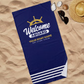 カスタムネイビーブルー&金ゴールドボート名ウェルカムクアボード ビーチタオル