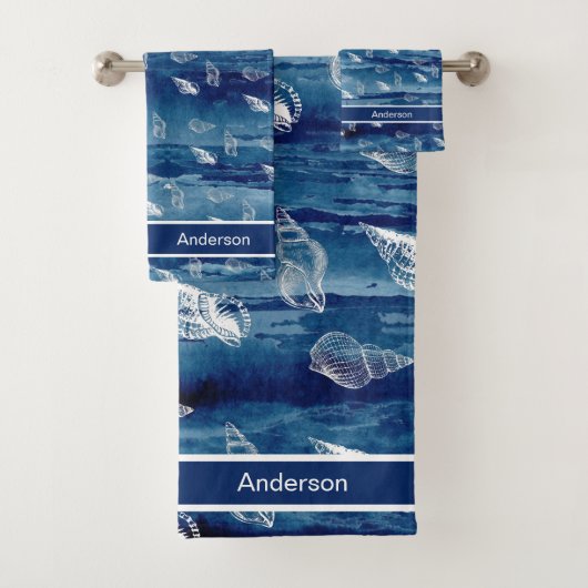 カスタムネイビーホワイト航海のシーシェルバスルーム バスタオルセット (インサイチュ)