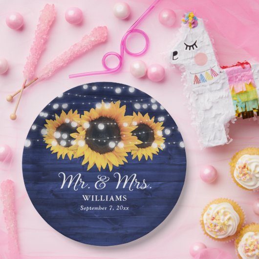カスタムネイビー素朴ブルーサンフラワー結婚ズ ペーパープレート (パーティー)