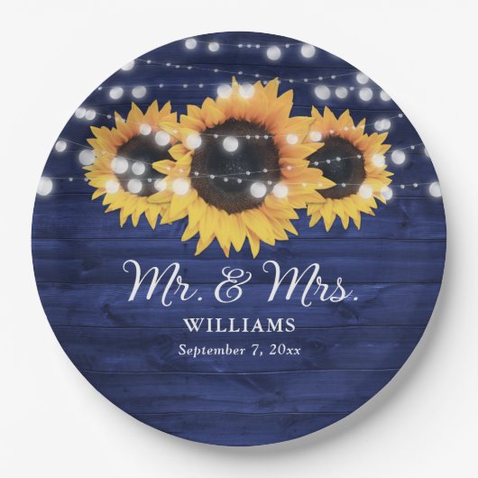 カスタムネイビー素朴ブルーサンフラワー結婚ズ ペーパープレート (正面)