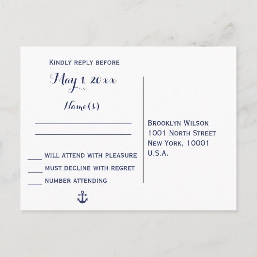 カスタムネイビー航海のブルーウェディングRSVPポストカード インビテーションポストカード (裏面)