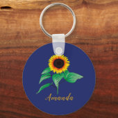 カスタムネイビー青金ゴールドスクリプト水色ひまわり キーホルダー (正面)