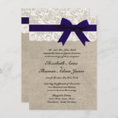 カスタムネイビー&ホワイトレース&バーラップウェディング招待 招待状 (正面/裏面)
