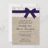 カスタムネイビー&ホワイトレース&バーラップウェディング招待 招待状 (正面)