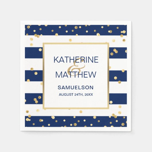 カスタムネイビ航海のブルー金ゴールド結婚紙 スタンダードカクテルナプキン (正面)